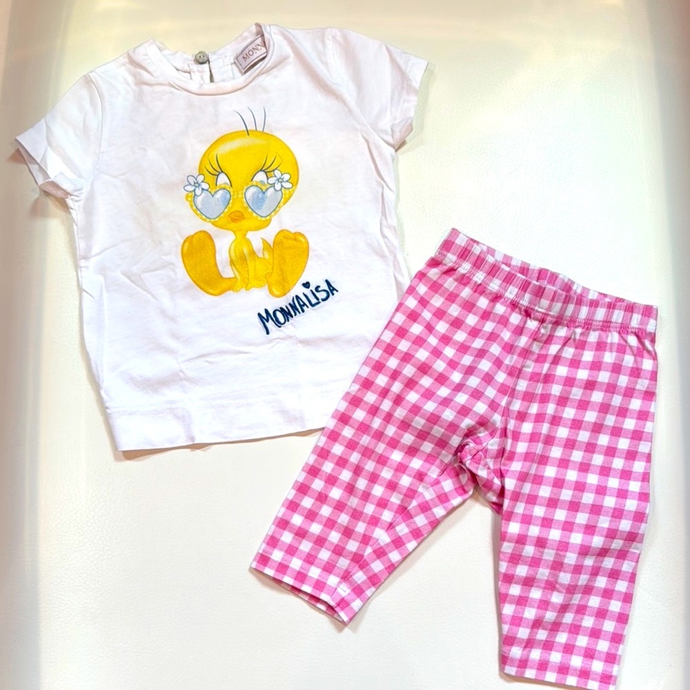 Monnalisa Tweety Bird T-Shirt and Pink Checkered Pants Set